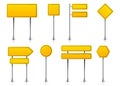 Road yellow sign. Realistic highway signage on pole. 3D roadside pointers. Isolated types of blank signposts. Guideposts