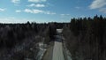 Roadbed. Bridge over the river. View from above. Drone video.