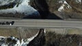 Roadbed. Bridge over the river. View from above. Drone video.