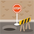Roadblock flat icon with long shadow. Road barrier vector illustration.