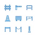 Roadblock flat line icons set. Barrier, crowd control barricades, rope stanchion vector illustrations. Outline signs for Royalty Free Stock Photo