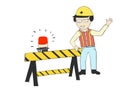 Roadblock with a male worker standing and waved his hand stop gesture Royalty Free Stock Photo