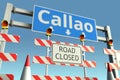 Roadblock near Callao city road sign. Lockdown in Peru conceptual 3D rendering