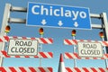 Roadblock near Chiclayo city road sign. Quarantine or lockdown in Peru conceptual 3D rendering