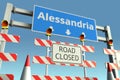 Roadblock near Alessandria city traffic sign. Coronavirus disease quarantine or lockdown in Italy conceptual 3D