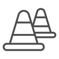 Roadblock warning cone line icon. Traffic and road protection cap symbol, outline style pictogram on white background