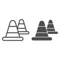 Roadblock warning cone line and solid icon. Traffic and road protection cap symbol, outline style pictogram on white
