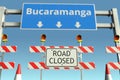 Roadblocks near Bucaramanga city traffic sign. Quarantine or lockdown in Colombia conceptual 3D rendering