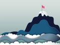 Paper cut style vector illustration of mountain peak with red flag. Concept of business success and achievement.