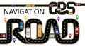 Roads, cars, navigator tags. The highway is stylized under the inscription GPS-navigator and road. Isolated Illustration