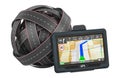 Roads knot with GPS navigation device. 3D rendering Royalty Free Stock Photo