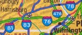 Roads on the map colored and numbered around the state of north carolina, USA Royalty Free Stock Photo