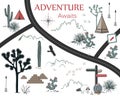 Roads, Mountains and Cacti Adventure Map. Design for print or poster with native Americans tribal elements. Vector