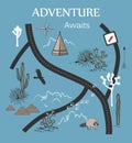 Roads, Mountains and Cacti Adventure Map. Design for print or poster with native Americans tribal elements. Vector