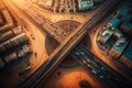 roads and railways in urban district of city, aerial view of busy city street