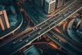 roads and railways in urban district of city, aerial view of busy city street