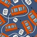 Roads with red buses, colorful seamless pattern Royalty Free Stock Photo