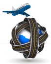 Roads round globe and airplane on white background