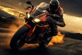 Roadscape journey Motorcycle rider on the road at sunset, sport Royalty Free Stock Photo