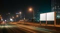 Roadside advertising space with city lights and lanterns. narrow streets at night