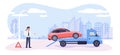 Roadside assistance concept. Broken car on tow truck and cartoon man calling emergency service, vector illustration in Royalty Free Stock Photo