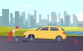 Roadside assistance. Vector tire fitting service. Cartoon car mechanic changing car wheels on road illustration