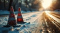 Roadside cones sitting on the side of a road. Suitable for construction or road safety themes Royalty Free Stock Photo