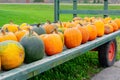 Roadside farm stand with wagon of pumpkins in variety of shapes, sizes and colors Royalty Free Stock Photo