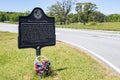 A roadside historical marker pointing to the site of the lynching of four African Americans by an unmasked mob on July 25, 1946 Royalty Free Stock Photo