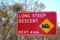 A sign warning of a long steep descent, Australia