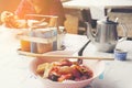 Roadside restaurant of Asia with Thai noodles and background of boy eating his noodle on table Royalty Free Stock Photo