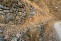 A roadside stone wall covered with moss and dry grass. These type of stone wall are generally built in mountain regions to avoid Royalty Free Stock Photo