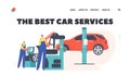 Roadside Vehicle Repair Service Landing Page Template. Workers Change or Mount Tires at Garage for Car Stand on Elevator