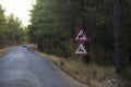 Roadside warning signs, animal may come out and bend sign Royalty Free Stock Photo