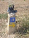 Roadsign on the Way of St. James `Jakobsweg` or `Camino Santiago` to Santiago de Compostela