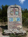 Roadsign on the Way of St. James `Jakobsweg` or `Camino Santiago` to Santiago de Compostela Royalty Free Stock Photo