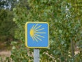 Roadsign on the Way of St. James `Jakobsweg` or `Camino Santiago` to Santiago de Compostela