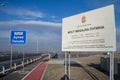 Roadsign written in Chinese and Serbian promoting Serbian Chinese government relations on the Danube Bridge of Pupinov Most