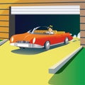 Roadster car drives from garrage. Royalty Free Stock Photo