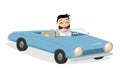 Vector cartoon illustration of a happy asian businessman with classic convertible car Royalty Free Stock Photo