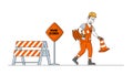 Roadwork and Asphalt Paving Concept. Worker Man Character in Orange Overall Put Traffic Cones