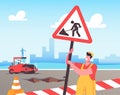 Roadwork and Asphalt Paving Concept. Worker Man Character in Orange Overall Set Up Warning Road Sign and Traffic Cones