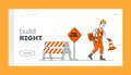 Roadwork and Asphalt Paving Landing Page Template. Worker Man Character in Overall Put Traffic Cone