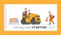 Roadwork and Asphalt Paving Landing Page Template. Workers Characters with Heavy Asphalting Machinery