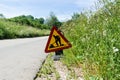 Roadwork sign by roadside among green grass