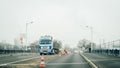 Roadworks in France with half road closed and Volvo truck