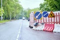 roadworks signs on the highway general plan color