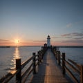 Roanoke Marshes Lighthouse at the end of a pier in Manteo, North Carolina made with Generative AI