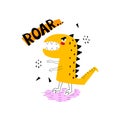 Roar. Cartoon dinosaur with hand drawing lettering, decor elements. Colorful vector illustration for children.