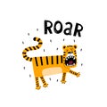 Roar. cartoon tiger with hand drawing lettering, decor elements. Colorful flat style vector for kids.